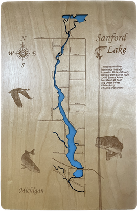 Sanford Lake, Michigan - Laser Engraved Wood Map Overflow Sale Special