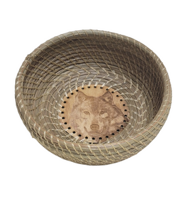 Pine Needle Basket with Engraved Wolf Center