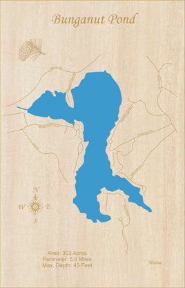 Bunganut Pond, Maine - Laser Cut Wood Map