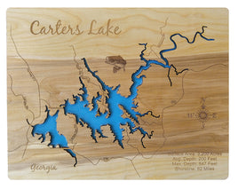 Carters Lake, Georgia - Laser Cut Wood Map