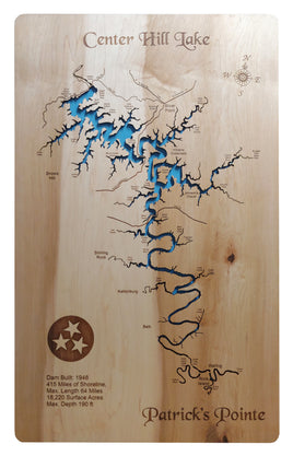 Center Hill Lake, Tennessee - Laser Cut Wood Map