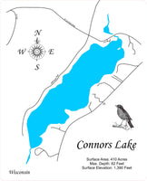 Connors Lake, Wisconsin - Sawyer County - Laser Cut Wood Map