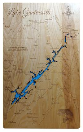 Lake Guntersville, Alabama - Laser Cut Wood Map