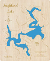 Highland Lake, Alabama - Laser Cut Wood Map