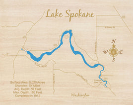 Lake Spokane, Washington - laser cut wood map