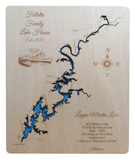 Logan Martin Lake, Alabama  - Laser Cut Wood Map