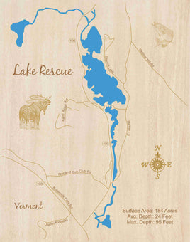 Lake Rescue, Vermont - Laser Cut Wood Map