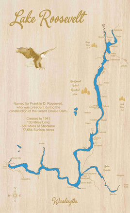Lake Roosevelt, Washington - Laser Cut Wood Map