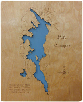 Lake Sunapee, New Hampshire - laser cut wood map