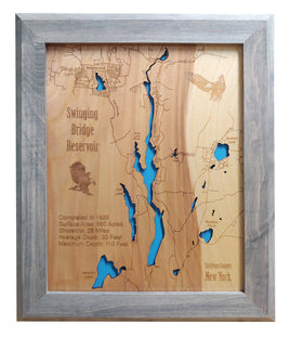 Swinging Bridge Reservoir, New York - laser cut wood map