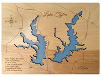 Lake Tyler West and Lake Tyler East, Texas - laser cut wood map